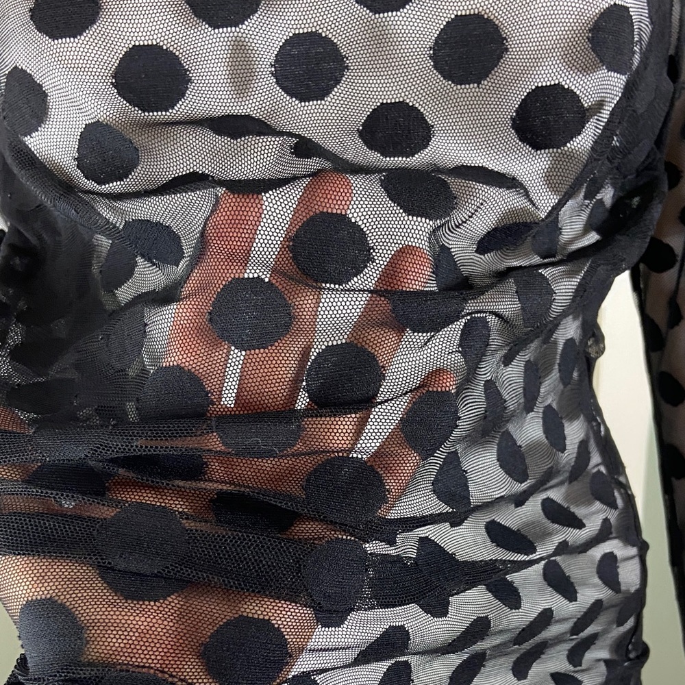Lane Bryant mesh stretch Black Polka Dot Sheer Blouse 14/16 mock neck - Picture 8 of 13